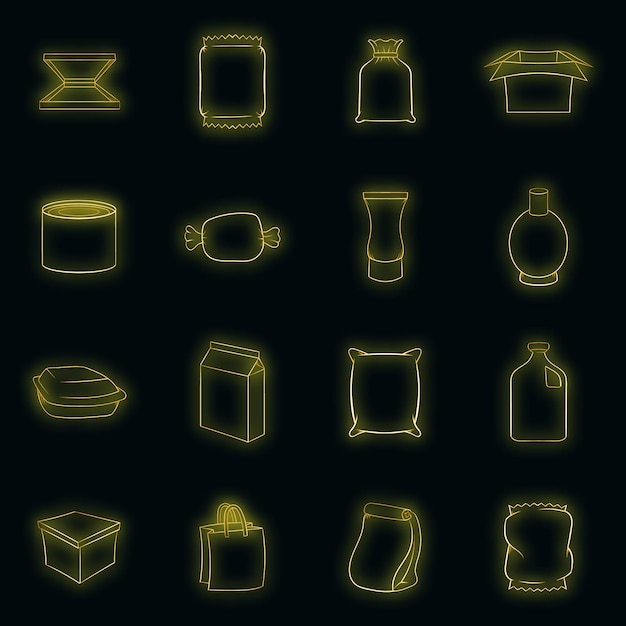 Packing set icons in neon style isolated on a black background