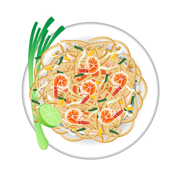 Vector pad  thai on dish. top view .