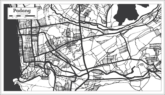 Карта города паданг индонезия в черно-белом цвете. контурная карта. векторные иллюстрации.