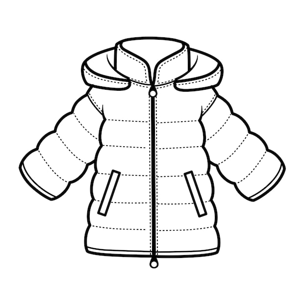 Vector padded downy winter jacket with hood outline for coloring on a white background