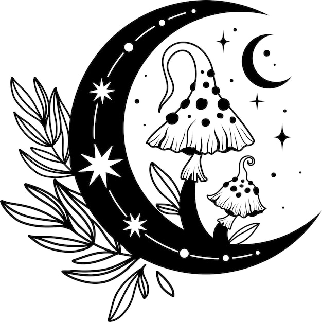 Paddenstoel Paddenstoel silhouet Mystieke paddenstoel met maan en sterren