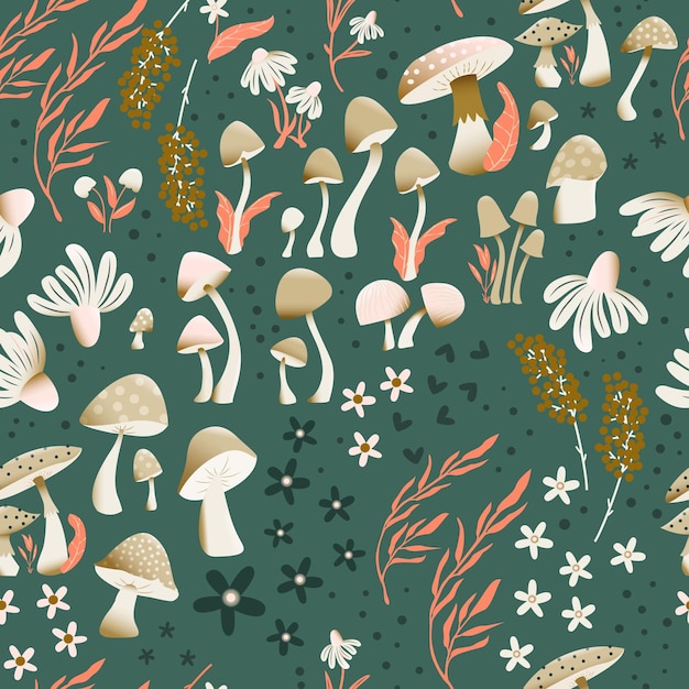 Paddestoel en bloem naadloze patroon met prachtige bloemen bladeren en toppen Prachtige bostuin in de natuur Kleurrijke vectorillustratie