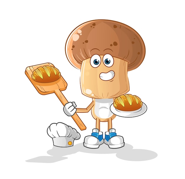 Paddestoel hoofd cartoon bakker met brood. cartoon mascotte vector