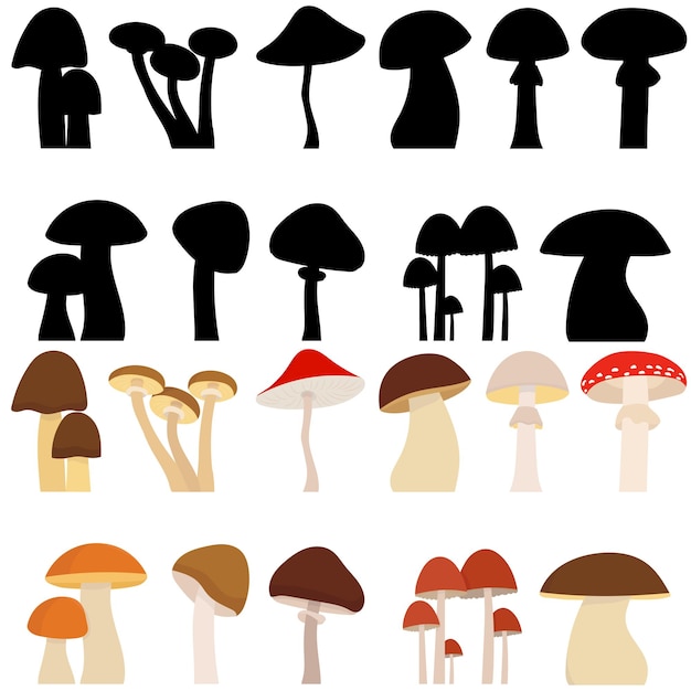 Paddestoelen instellen silhouet op witte achtergrond geïsoleerd