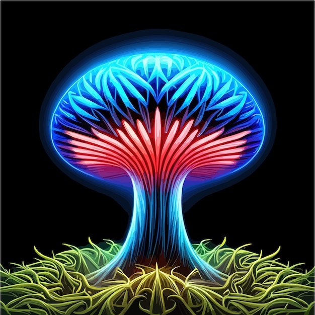 Paddestoelen zittend op de top van weelderig groen bos, psychedelische zwartlichtkunstenaar gebruikte felle neonlamp nucleair