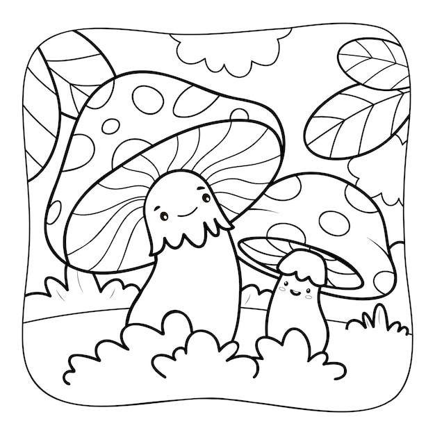 Paddestoelen zwart-wit Kleurboek of Kleurplaat voor kinderen Natuur achtergrond