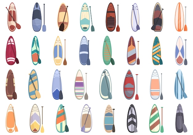 Paddle board icons set cartoon vector sup water