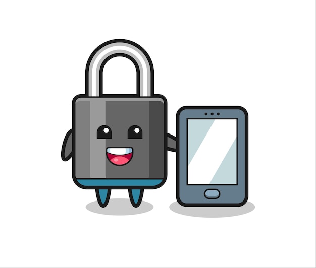 Vector padlock cartoon holding a smartphone