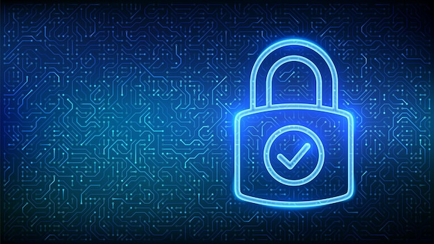 Padlock icon Cybersecurity and data protection concept Padlock with Check mark icon Network safety Information privacy idea Circuit board pattern PCB printed circuit texture Vector illustration
