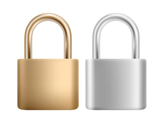 Padlock icon set. Steel and gold lock for protection privacy, web and mobile apps.