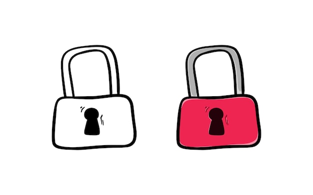 Padlock on key security closing doors doodle linear cartoon coloring