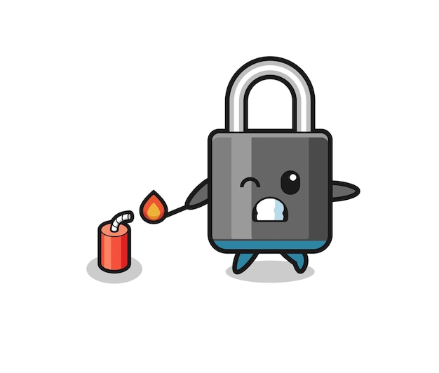 Padlock mascot illustration playing firecracker