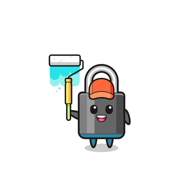 The padlock painter mascot with a paint roller cute design