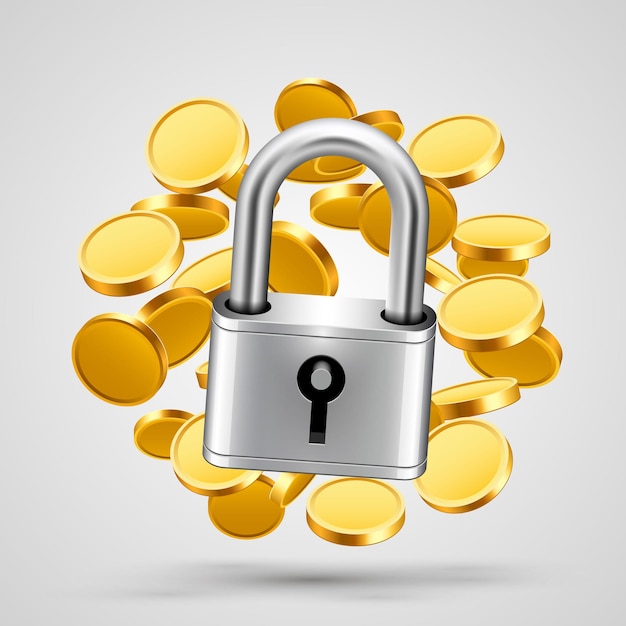 Padlock with gold coins object icon. vector illustration