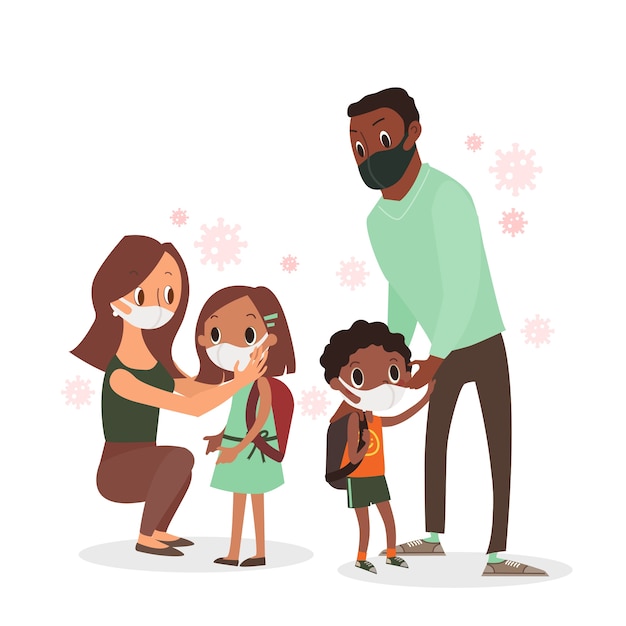 Padre que protege a sus hijos del coronavirus. Familia con mascarilla protectora.