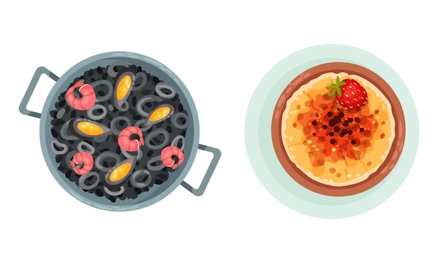 Paella met zeevruchten en Flan Pudding als geserveerd Spaans gerecht boven View Vector Set