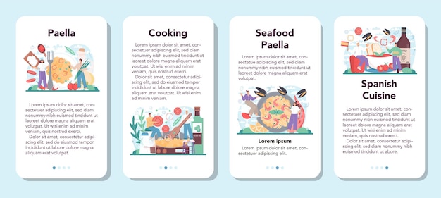 Vector paella mobile application banner set spanish traditional dish with seafood