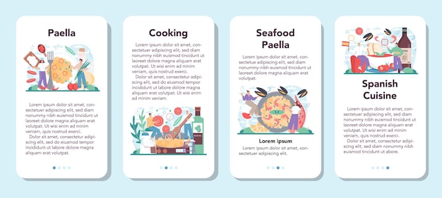 벡터 빠에야 모바일 응용 프로그램 배너 세트 해산물과 스페인 전통 요리