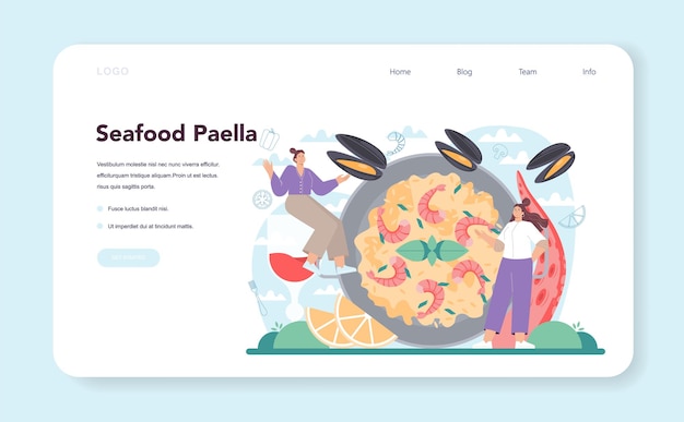 Banner web di paella o pagina di destinazione piatto tradizionale spagnolo con frutti di mare