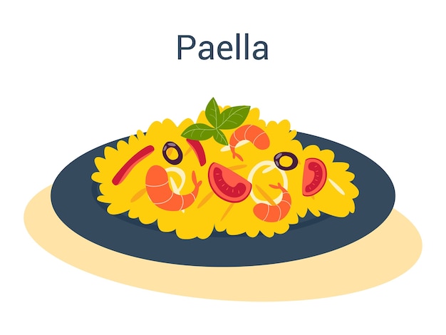Vector paella with seafood and rice on a plate