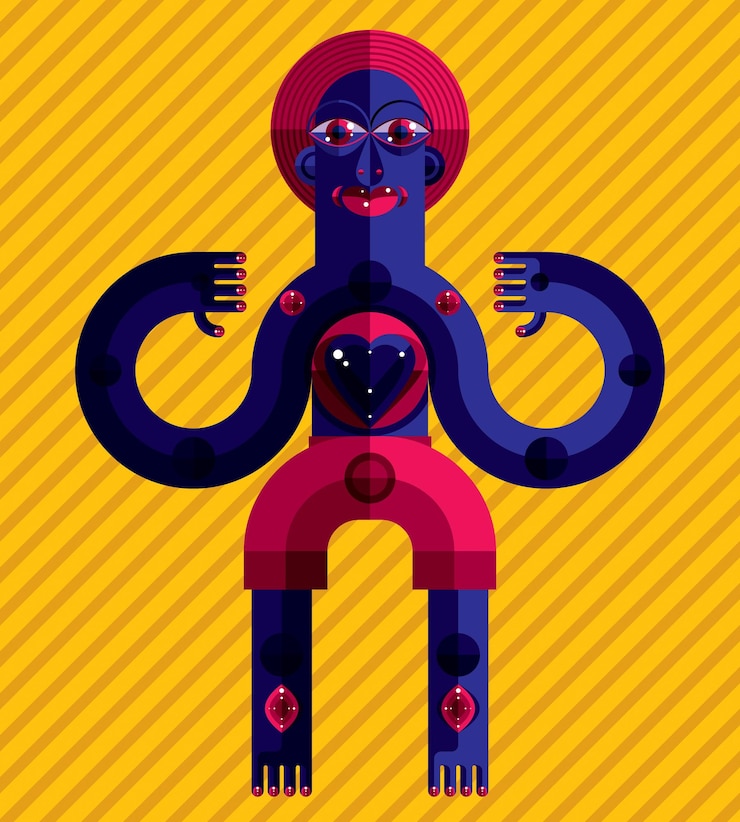Vector pagan symbol vector illustration, spiritual cult theme. modernistic drawing of a weird character. flat design portrait isolated on art background.