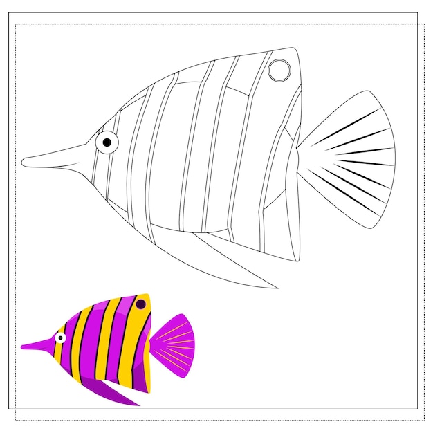 Page of a coloring book purple fish with yellow stripes Color version and sketch