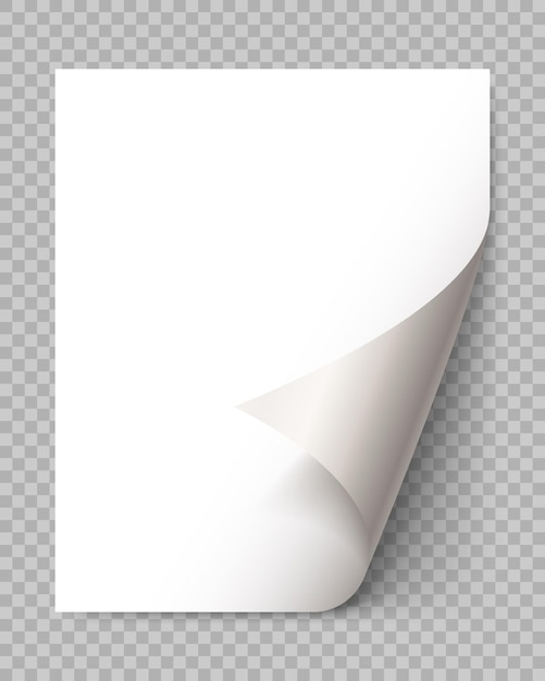空白の用紙に影のあるページカール。ホワイトペーパーステッカー。透明な背景に分離された広告やプロモーションメッセージの要素。テンプレートデザイン要素、ベクトル図
