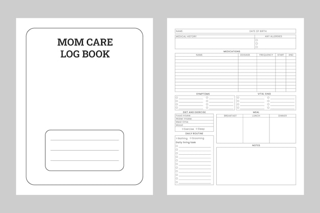 Vector a page of a document that says mom care log book.