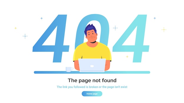 The page not found 404 error. gradient vector illustration of upset man sitting at work desk with laptop and seeing 404 error. people using website and having problems due to broken web page