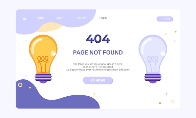 Страница не найдена. Шаблон баннера веб-страницы с ошибкой 404. Плоская иллюстрация включенных и выключенных лампочек
