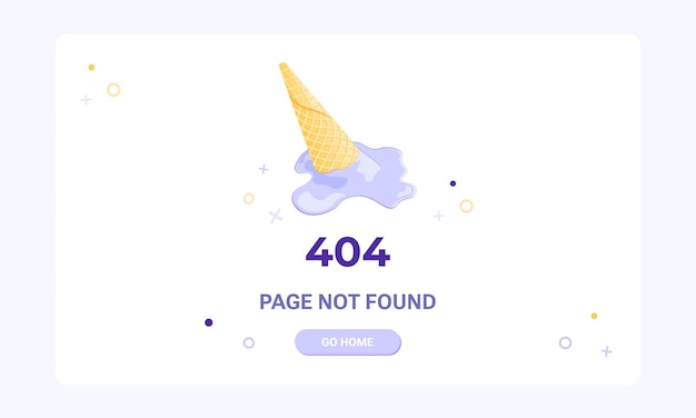 Modello banner pagina non trovata. pagina web con errore 404. gelato che si scioglie dal cono di cialda