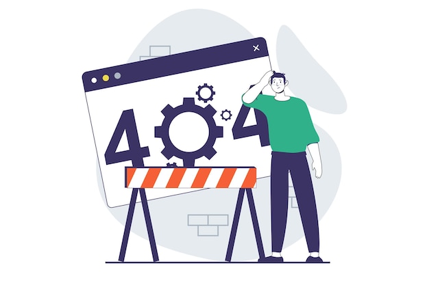 Vector page not found concept with people scene in flat design for web man sees connection problems message and under construction sign vector illustration for social media banner marketing material