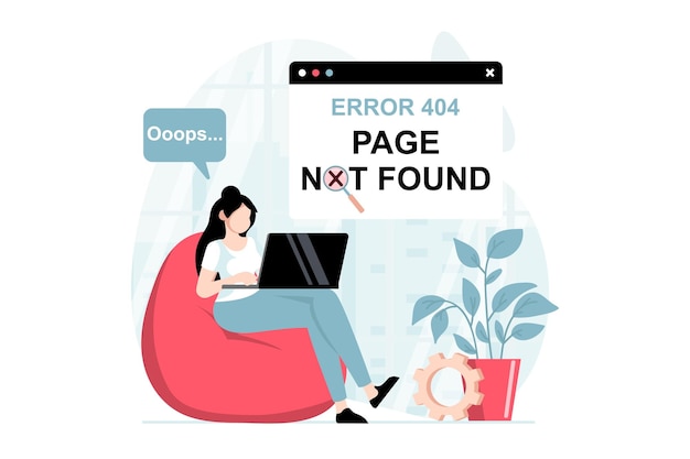 Vector page not found concept with people scene in flat design woman works at laptop and receives information message about error of connection to site vector illustration with character situation for web