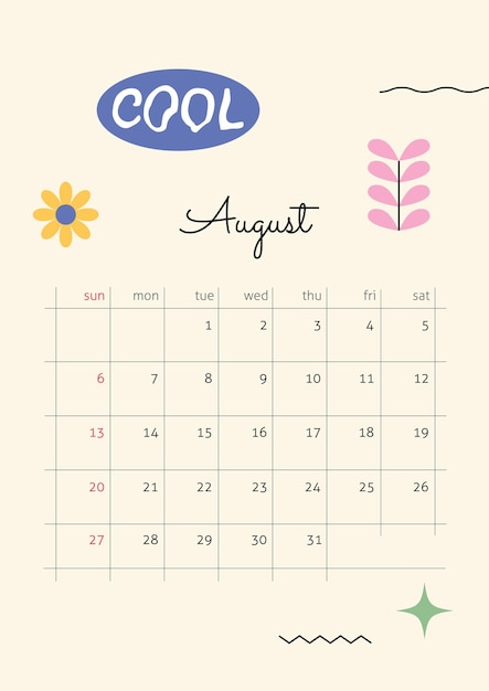 The page with the month August 2023 with retro stickers in bright tones Vertical poster in a geometric style Vector illustration design