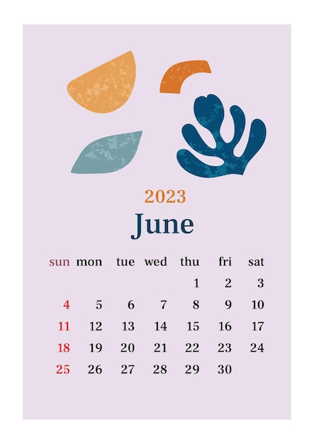 The page with the month june 2023 with abstract organic shapes in muted tones vertical poster in aesthetic style in pastel colors vector illustration design