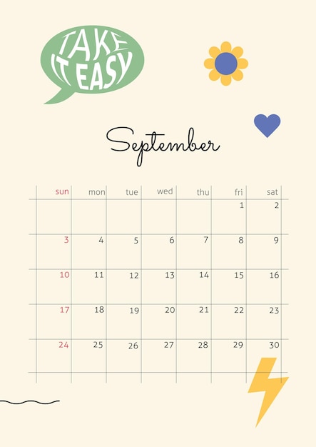 The page with the month September 2023 with retro stickers in bright tones Vertical poster in a geometric style Vector illustration design