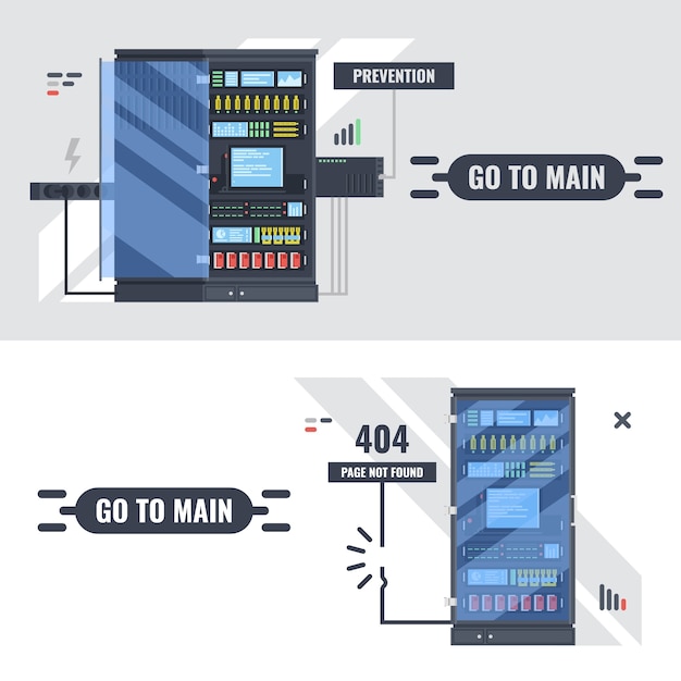 Pagina 404 met server rack illustratie, technische werk op site banner met link-knop