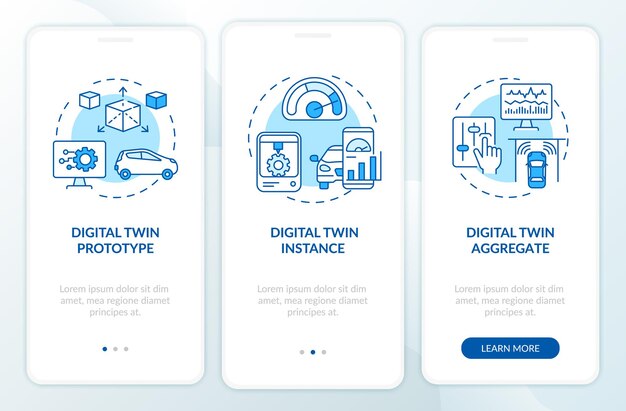 Paginascherm voor onboarding van mobiele apps met digitale tweelingtypes. automatiseringssystemen doorloop 3 stappen grafische instructies met concepten. ui, ux, gui vectorsjabloon met lineaire kleurenillustraties