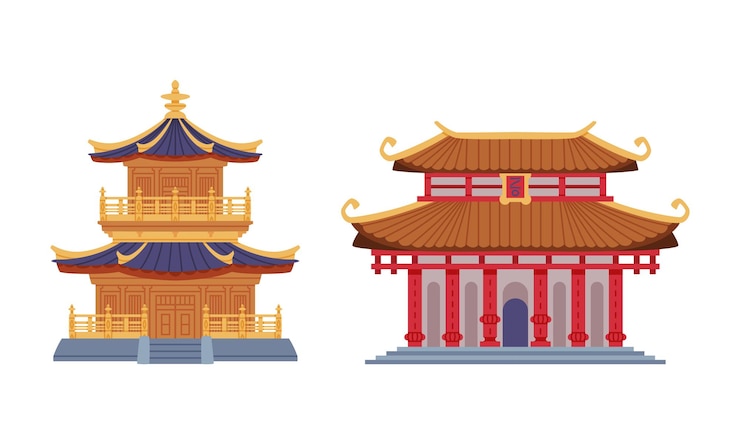 Vector pagoda as chinese tiered tower with multiple eaves and traditional building vector set