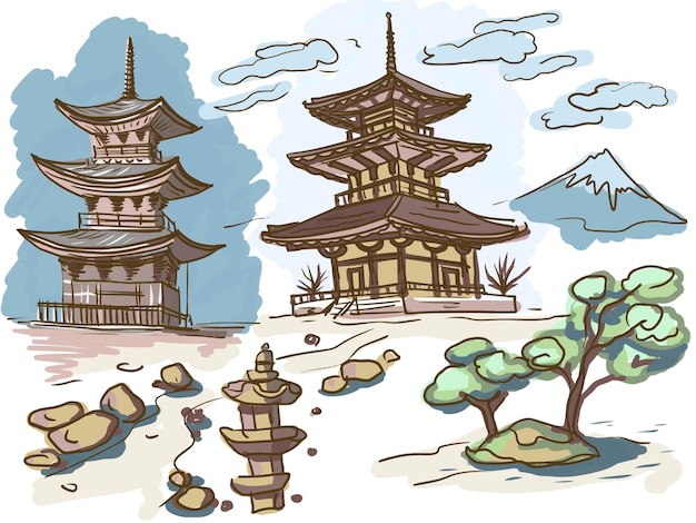 Premium Vector | Pagoda japan building landmarks sketch