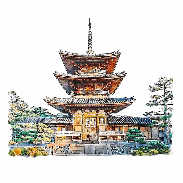 pagoda japan watercolor hand drawn illustration isolated on white background