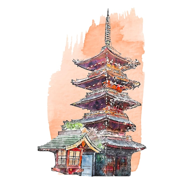 Illustrazione disegnata a mano dell'acquerello della pagoda del giappone isolata su fondo bianco