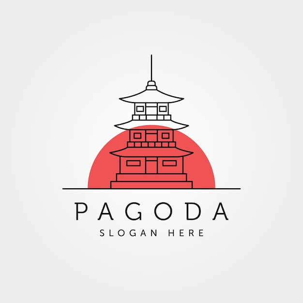 Logo della pagoda line art con disegno dell'illustrazione del simbolo del vettore del sole