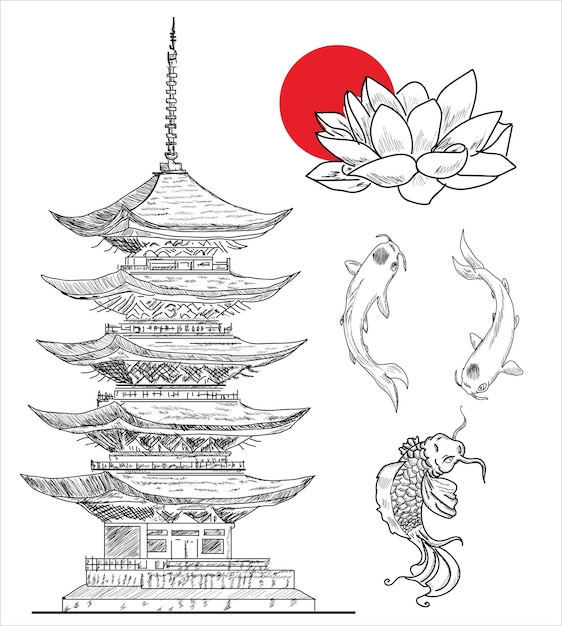 Pagoda, lotus flower, fishes, red moon. japanese culture sketch hand drawing vectors