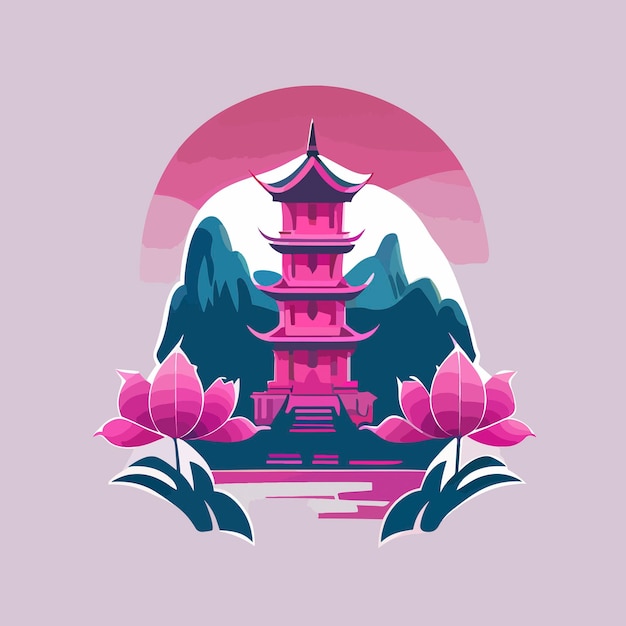 Pagoda on a mountain and sakura trees flat design vector art icon