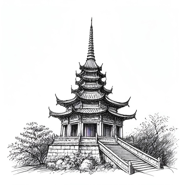 Pagode Monochrome inkt schets vector tekening gravure stijl vector illustratie