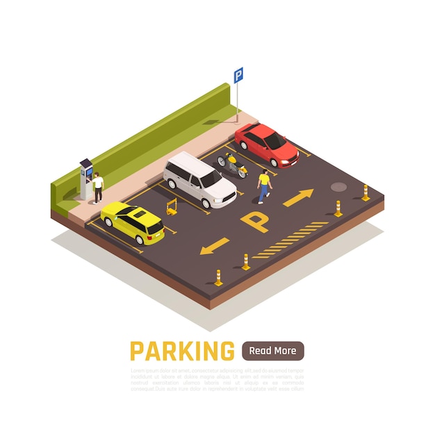 Paid perpendicular parking area for motorcycles cars scooters light vehicles with reserved spaces isometric composition