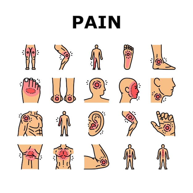 Pain body ache health back icons set vector