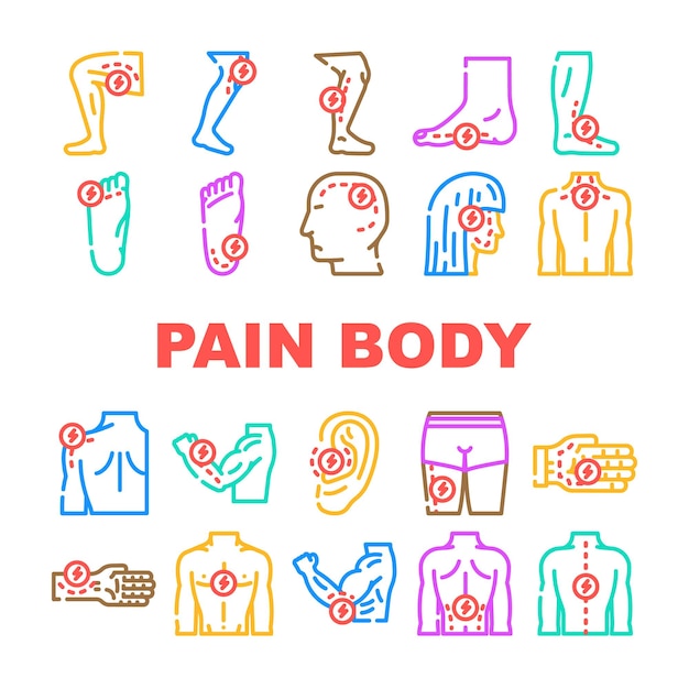 pain body ache medical joint icons set vector health neck headache painful knee leg back human stomach shoulder injury pain body ache medical joint color line illustrations