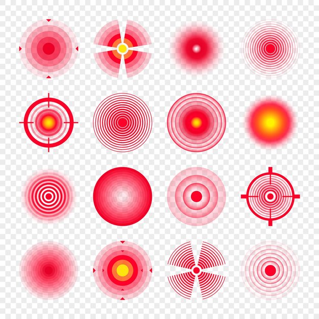 Vector pain localization marks painful area aching spot red circles targets headache bruised body part